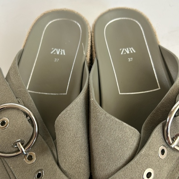 Zara espadrille platform sandal slide silver buckle sage gray green suede - Picture 5 of 16